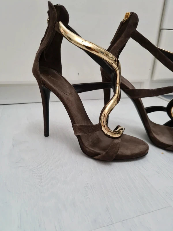 Giuseppe Zanotti Gold with Brown Suede Venere Heel - 38