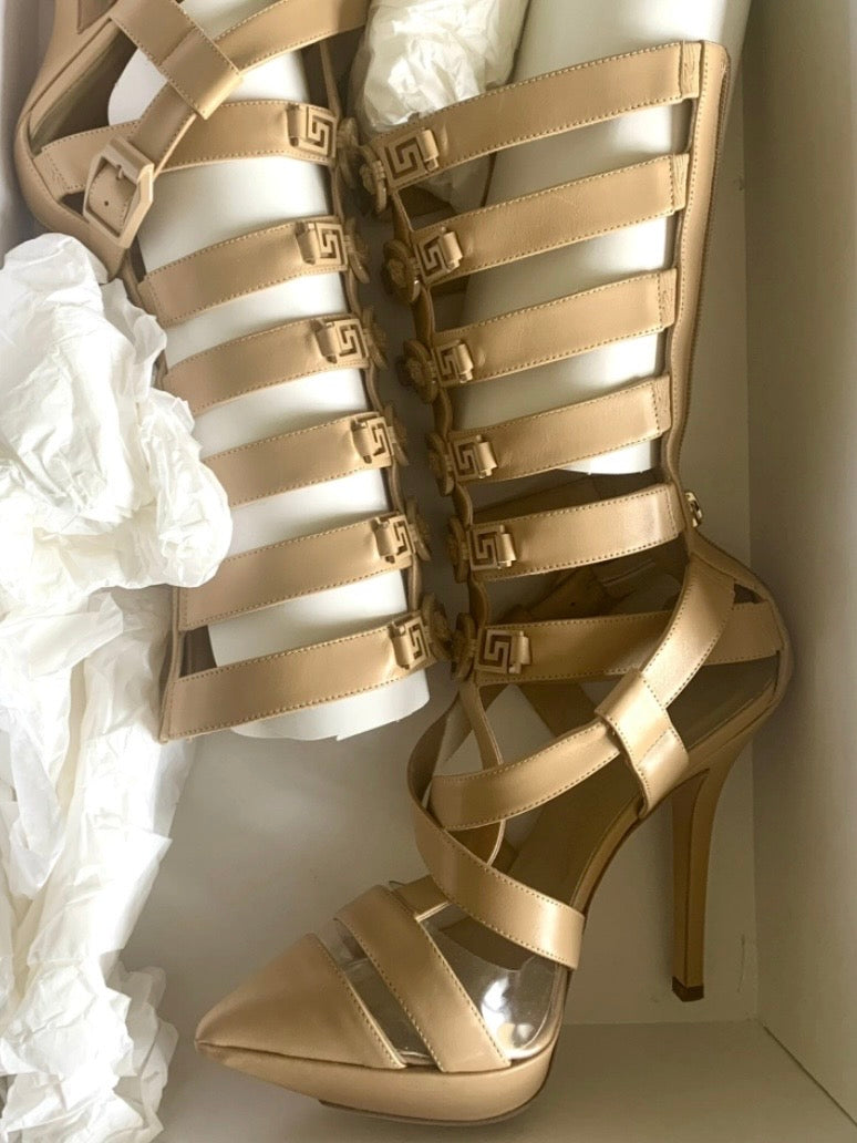 Versace T-Strap Below the Knee Gladiator Heels - 37.5 + 40