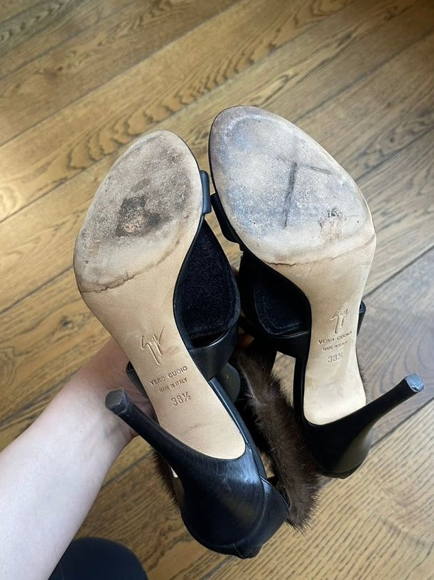 Giuseppe Zanotti Beaded Heels with Fur Anklet trim - 38.5