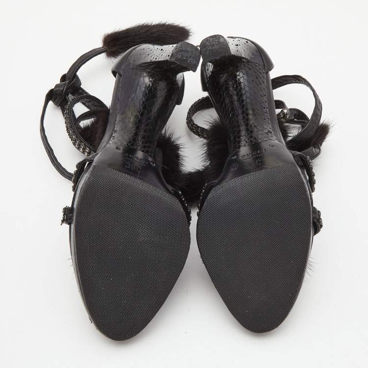 Gucci by Tom Ford Black Snake Black Mink Leather Crystal Platform Shoes - 36/37