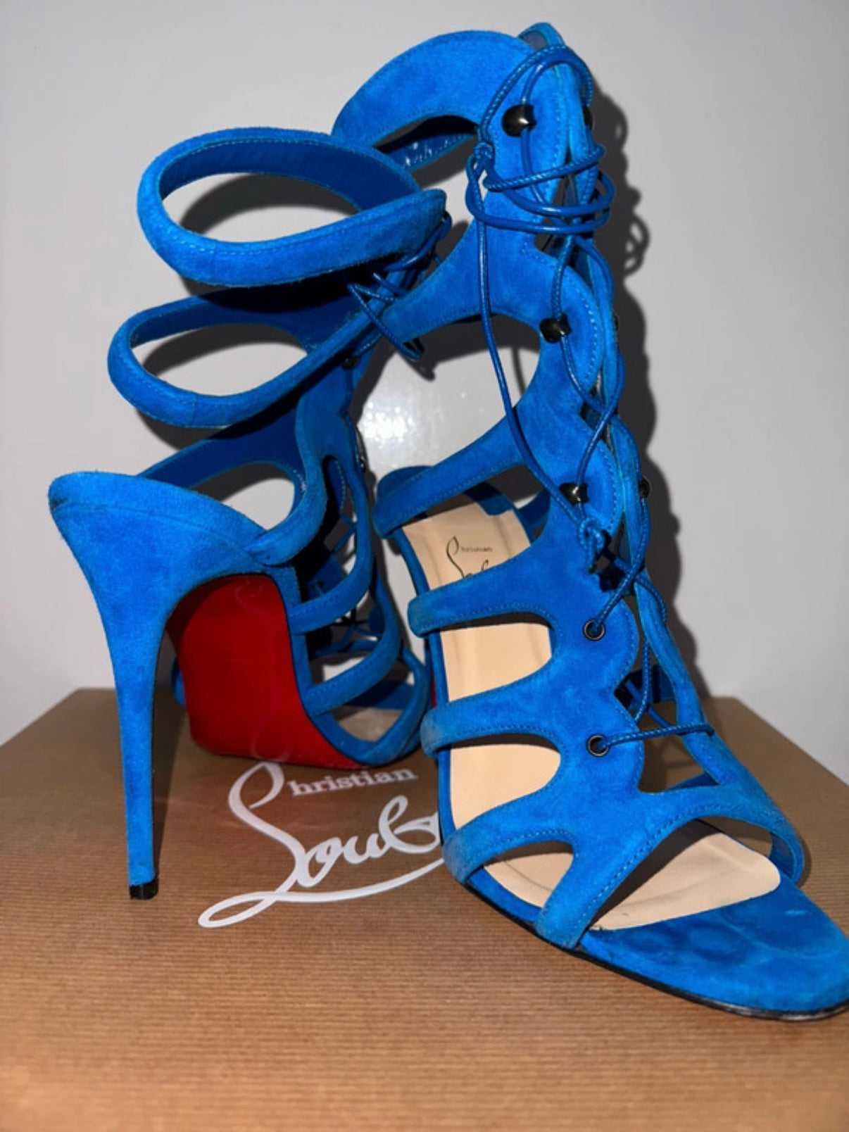 Christian Louboutin Blue Suede Amazoulo 100 Gladiator Heels - 38.5