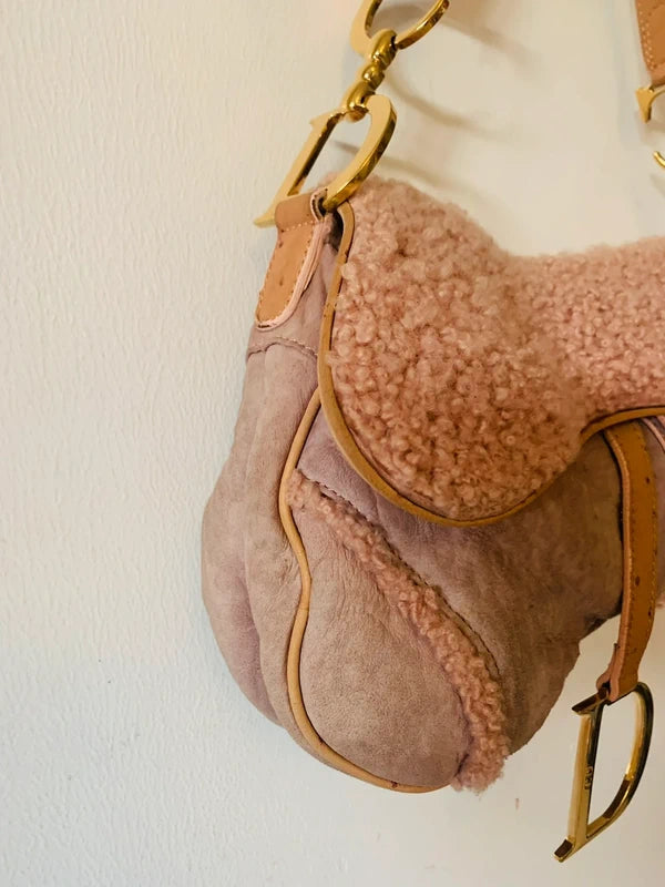 Dior Ostrich & Shearling Fur Saddle Bag
