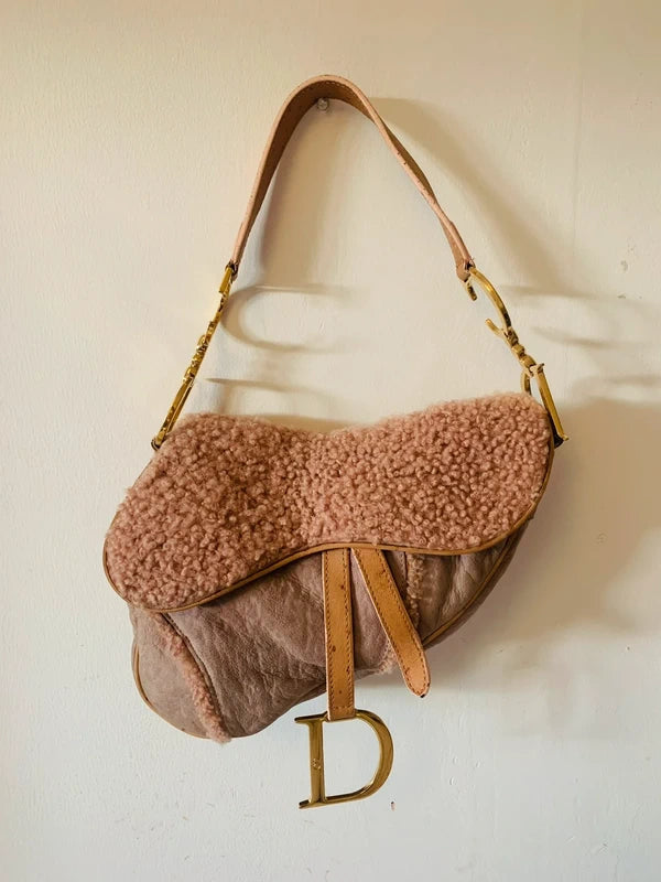 Dior Ostrich & Shearling Fur Saddle Bag