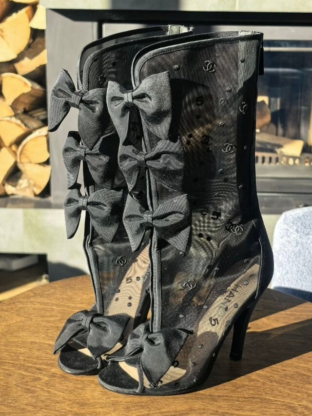 Chanel 2009 Rare Black Bow Mesh Boots - 37.5
