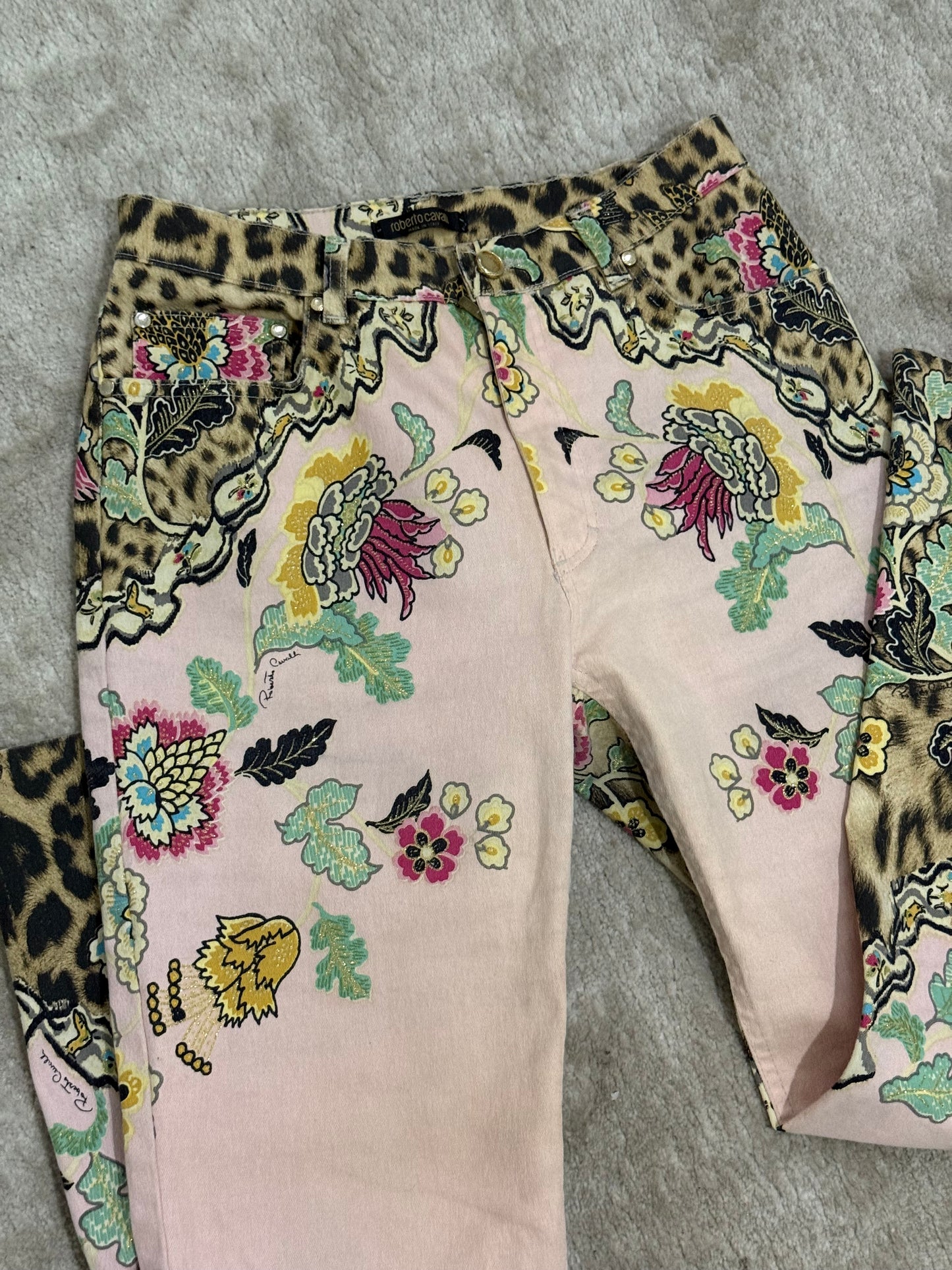Roberto Cavalli Cheongsam Leopard Print Jeans - L