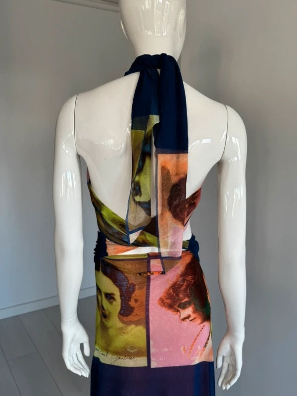 Jean Paul Gaultier Soleil S/S 2002  “Portraits” Faces Mesh Maxi Dress - M/L