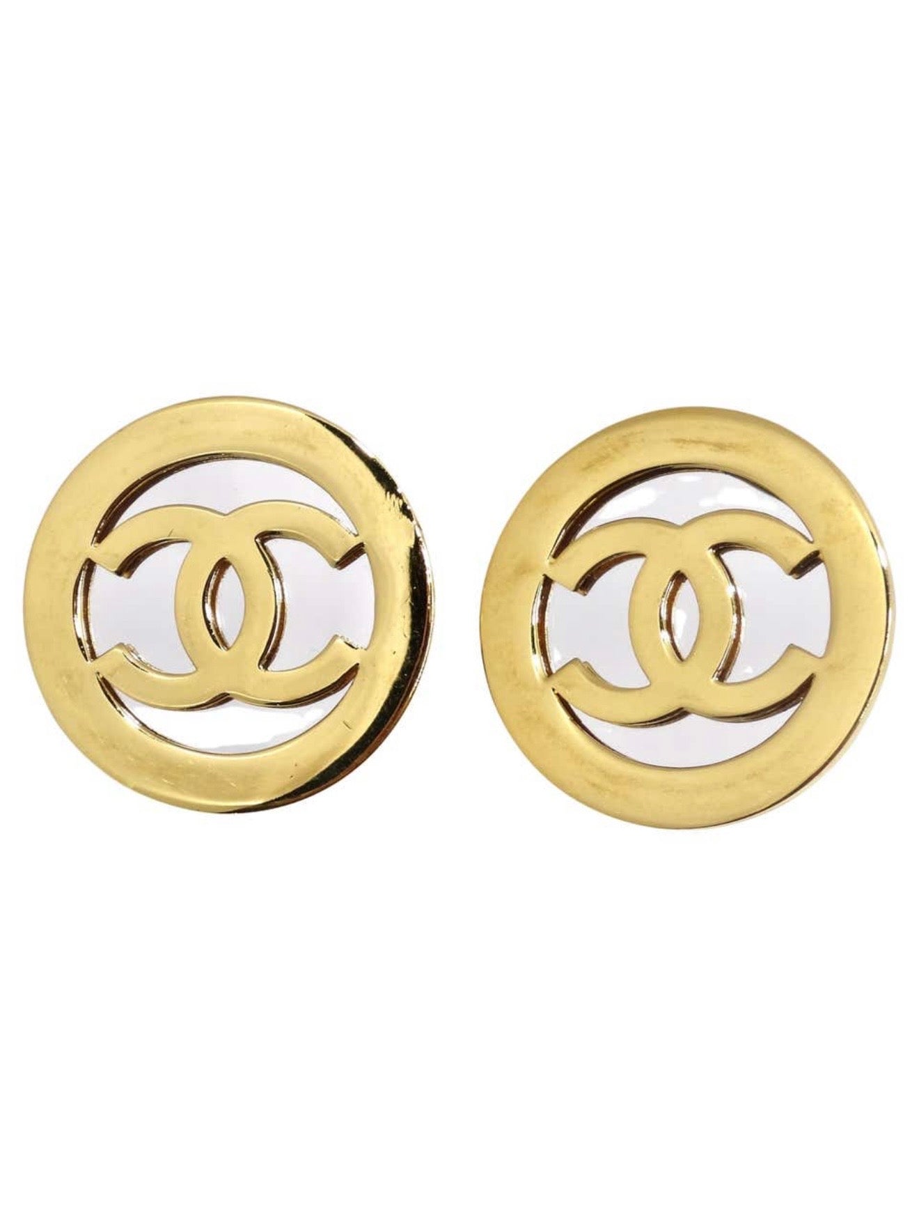 Chanel 1991 Gold Metal and Silver Mirror Oversize Earrings