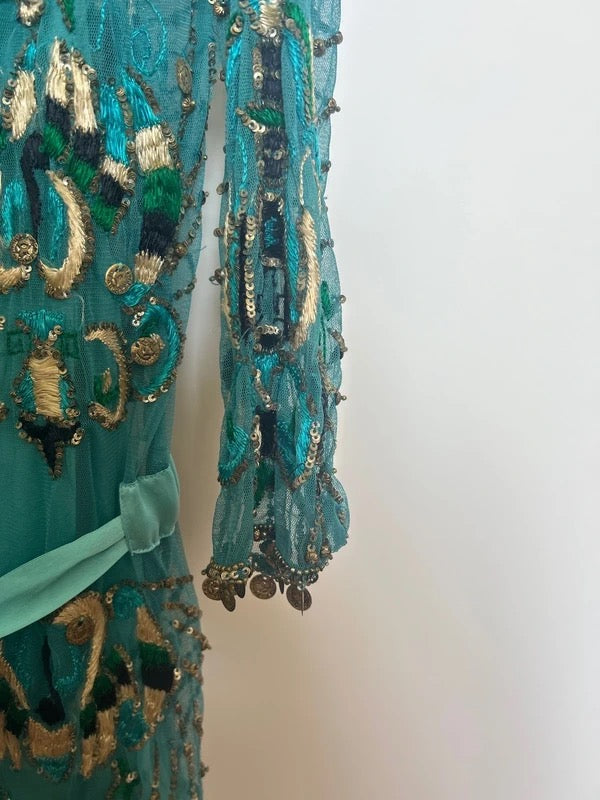 Roberto Cavalli 2005 Embellished Sheer Mesh Embroidered Mini Dress in Teal - M
