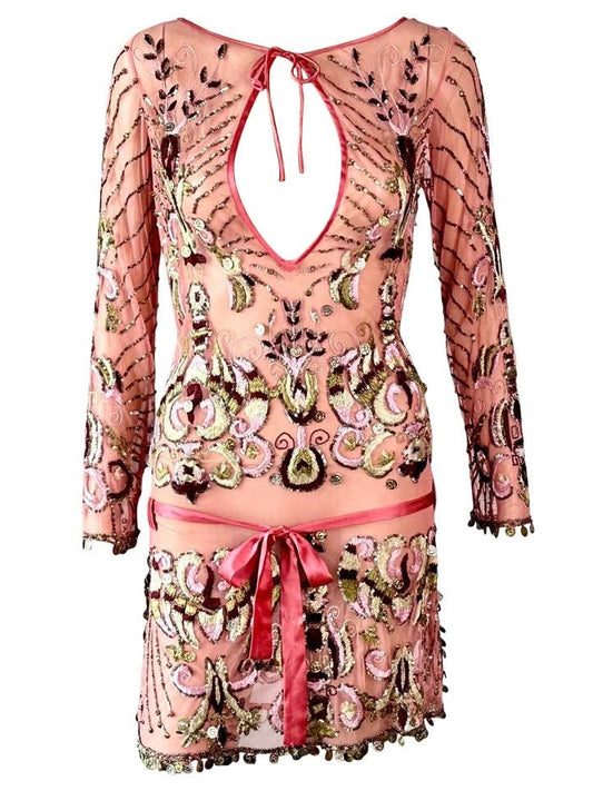 Roberto Cavalli 2005 Embellished Sheer Mesh Embroidered Mini Dress in Teal - M