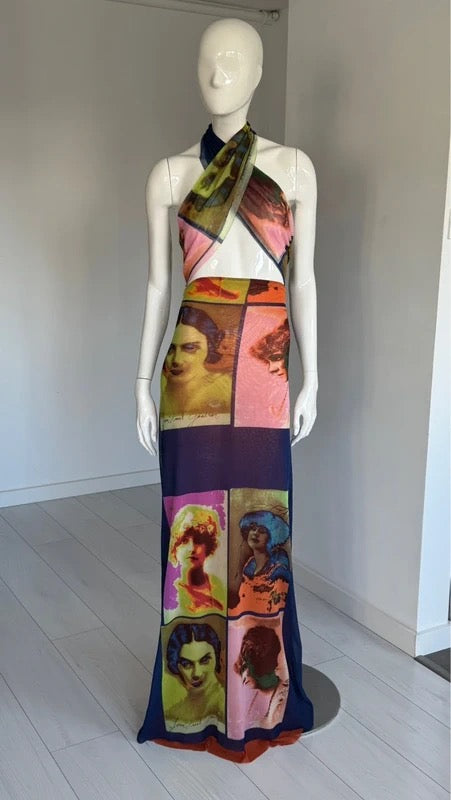 Jean Paul Gaultier Soleil S/S 2002  “Portraits” Faces Mesh Maxi Dress - M/L