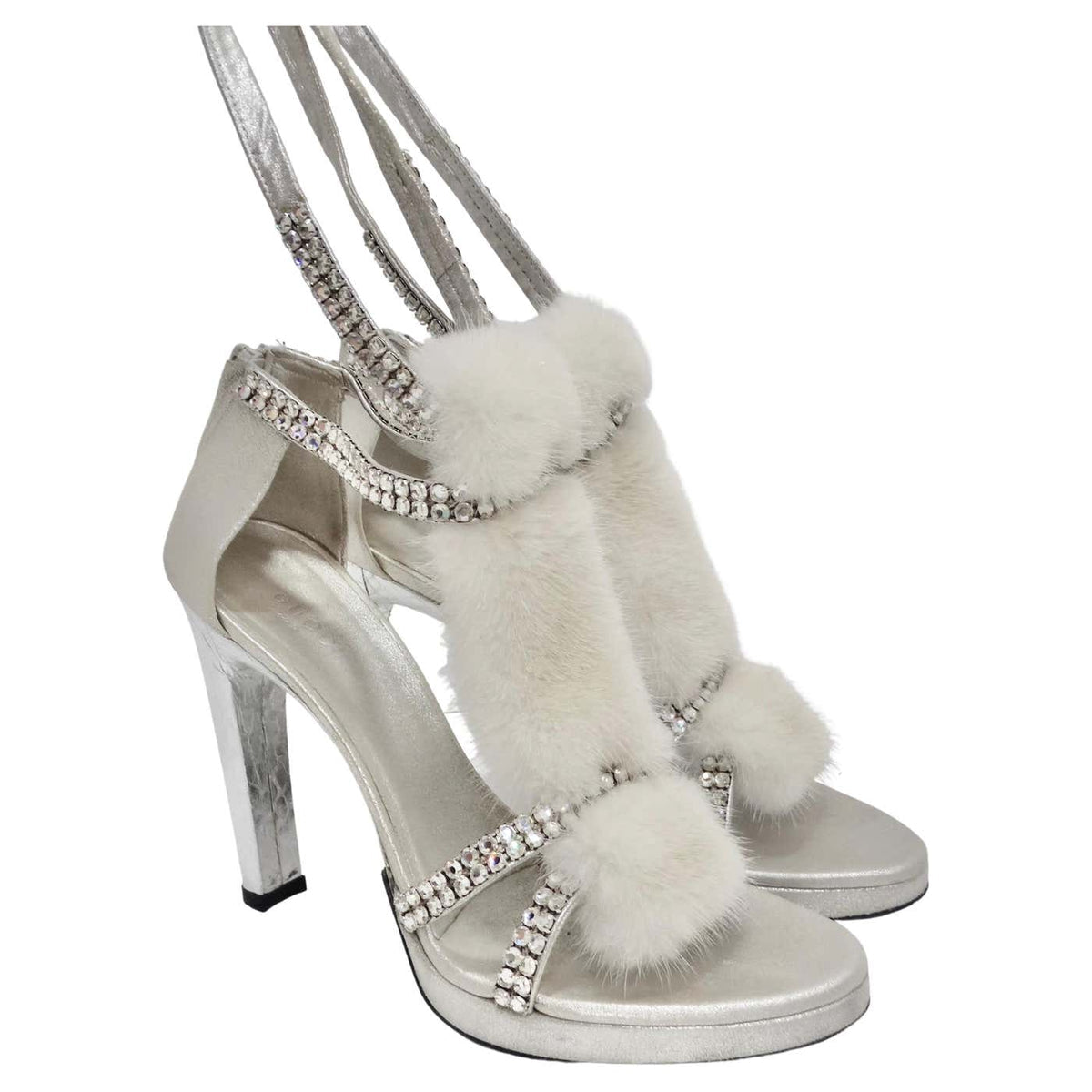 Gucci by Tom Ford Silver Snake White Mink Leather Crystal Platform Shoes - 38.5