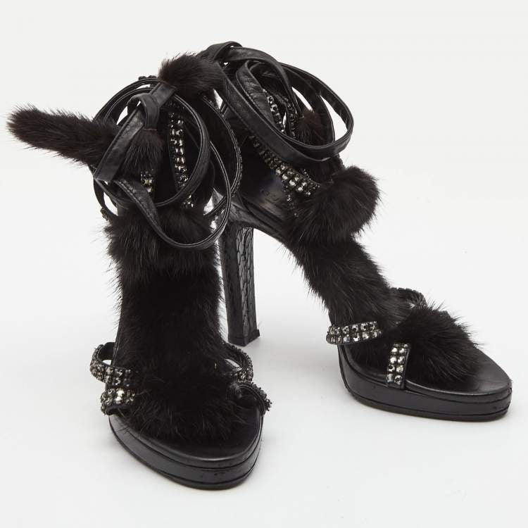 Gucci by Tom Ford Black Snake Black Mink Leather Crystal Platform Shoes - 36/37