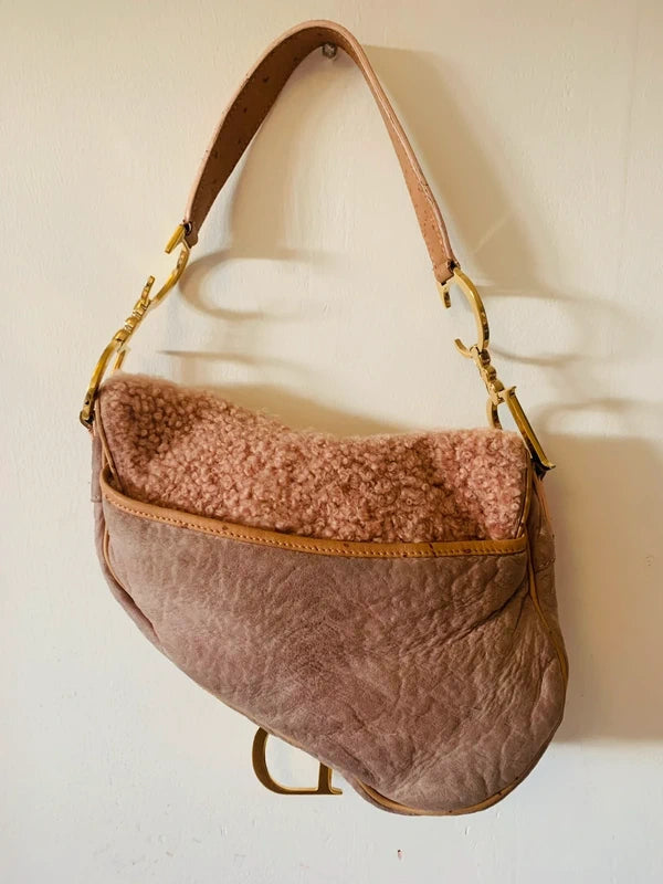 Dior Ostrich & Shearling Fur Saddle Bag