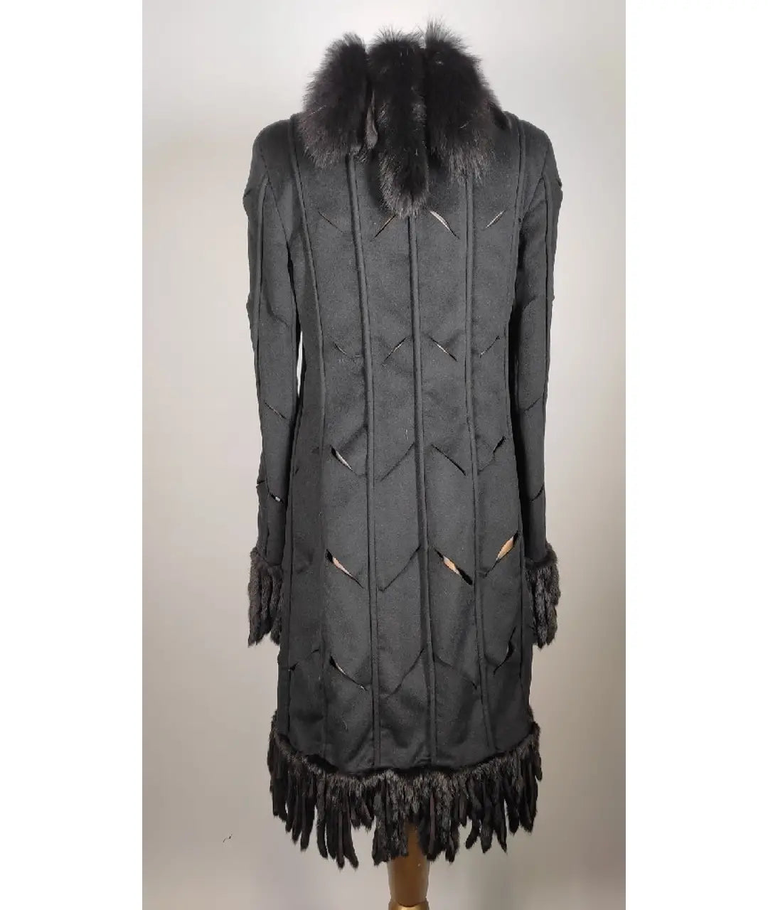 Versace 2003 Fox Embellished Cut Out Details Black Angora Coat - S/M