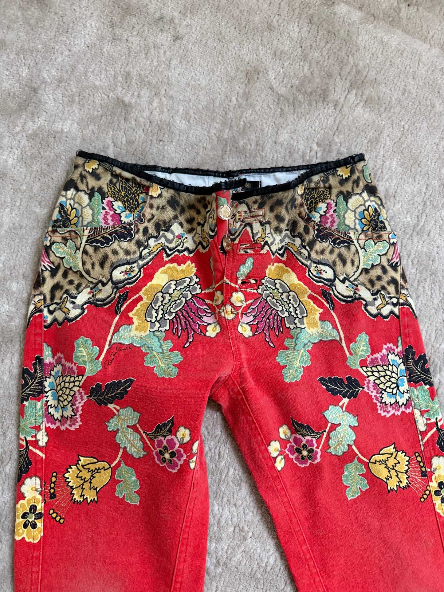 Roberto Cavalli Cheongsam Leopard Print Jeans - M