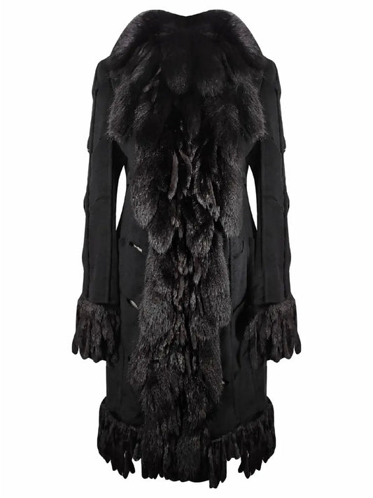 Versace 2003 Fox Embellished Cut Out Details Black Angora Coat - S/M
