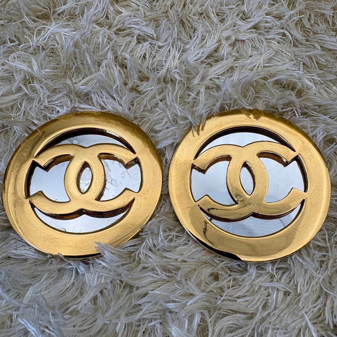Chanel 1991 Gold Metal and Silver Mirror Oversize Earrings