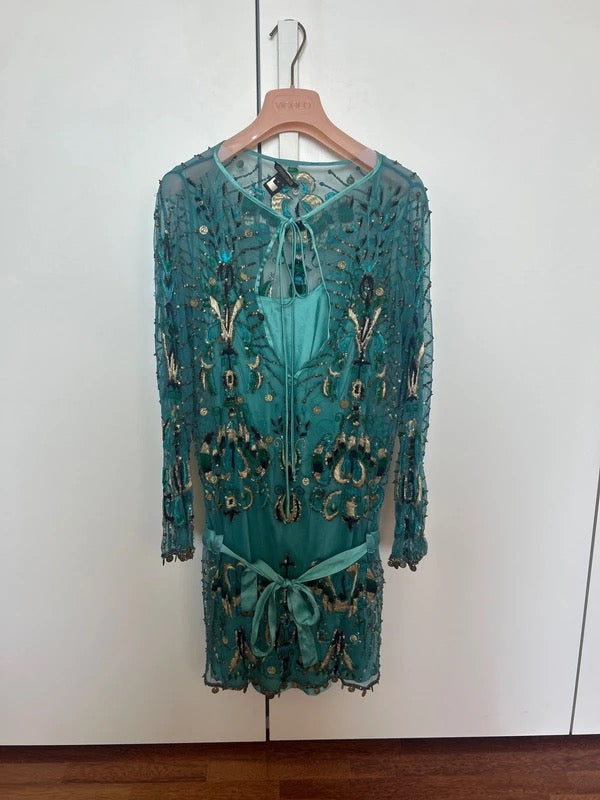 Roberto Cavalli 2005 Embellished Sheer Mesh Embroidered Mini Dress in Teal - M