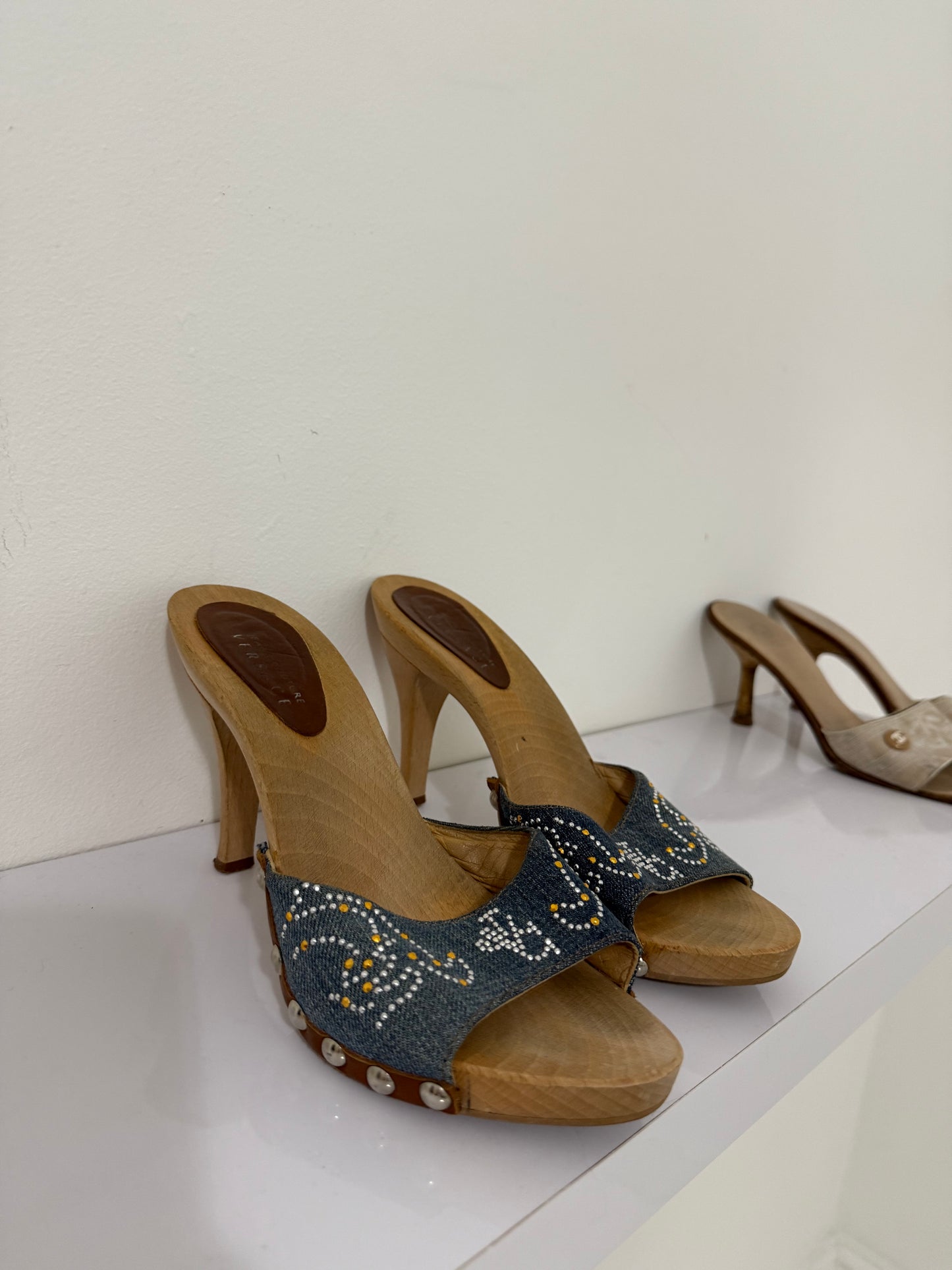 Versace Wooden Denim Clog Heel - 40