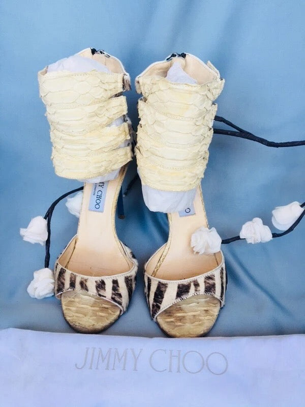Jimmy Choo Python and Pony Hair Gladiator Heels - 37, 38.5 + 39