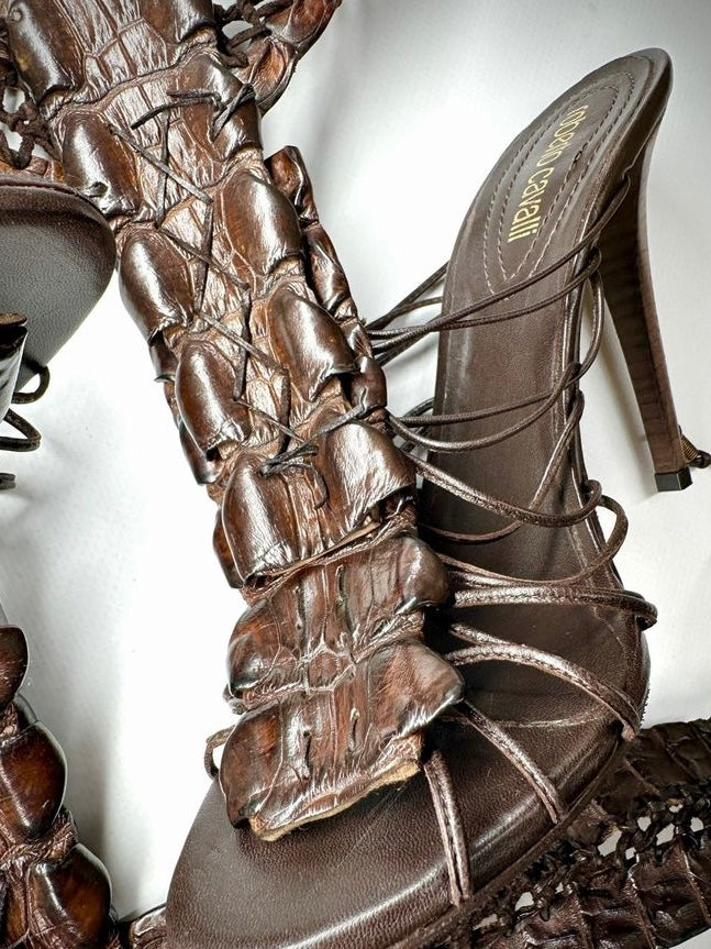 Roberto Cavalli Crocodile Lace Gladiator Heels - 40/40.5