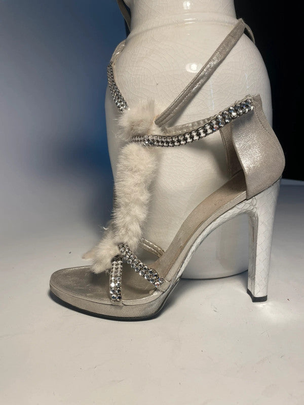 Gucci by Tom Ford Silver Snake White Mink Leather Crystal Platform Shoes - 38.5