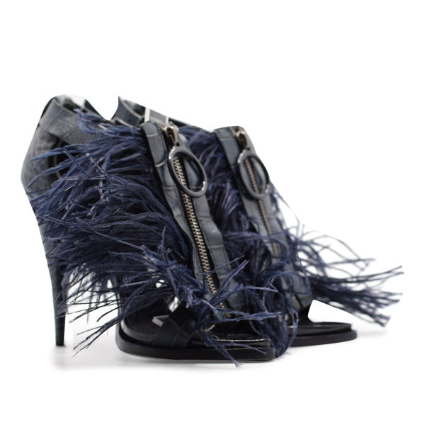 Givenchy by Riccardo Tisci Ostrich Feather Zip Heels with Croc Detailing Brand New - 40.5