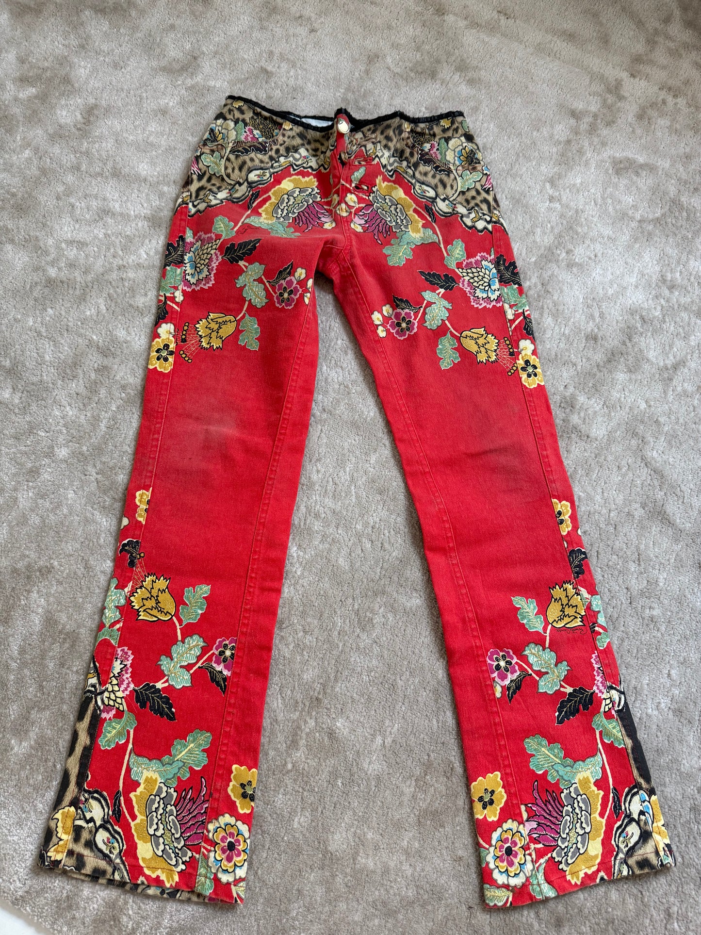 Roberto Cavalli Cheongsam Leopard Print Jeans - M