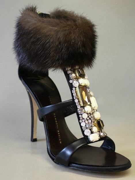 Giuseppe Zanotti Beaded Heels with Fur Anklet trim - 38.5