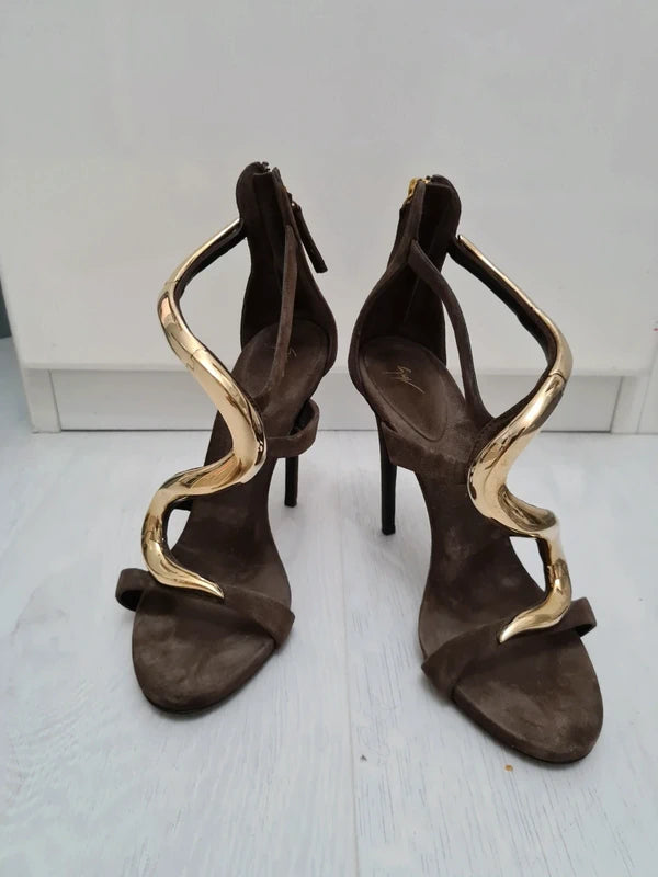 Giuseppe Zanotti Gold with Brown Suede Venere Heel - 38