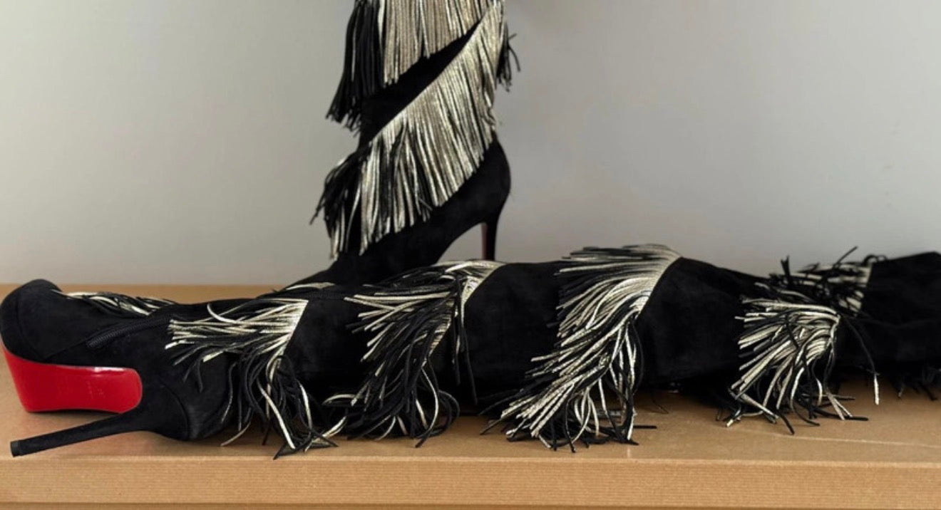 Christian Louboutin Bolcheva 120 Black Gold Fringe Thigh High Boots - 37.5