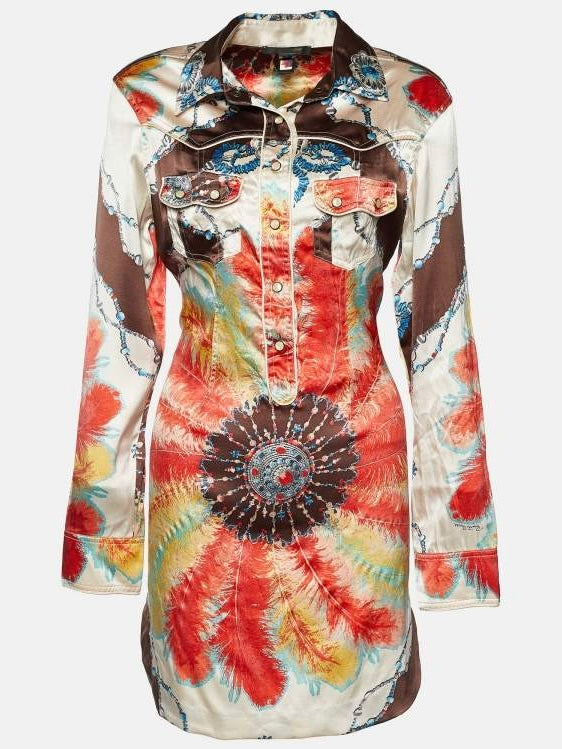Roberto Cavalli Feather Print Satin Shirt Dress - XS