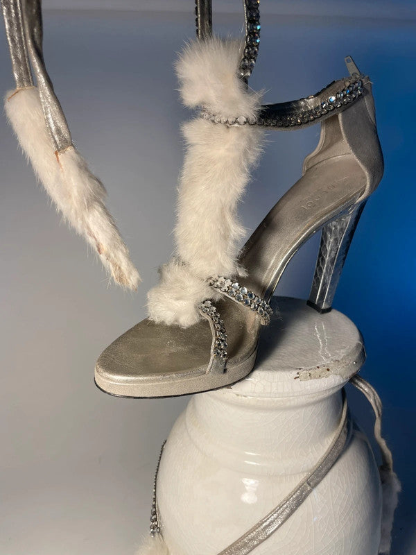 Gucci by Tom Ford Silver Snake White Mink Leather Crystal Platform Shoes - 38.5
