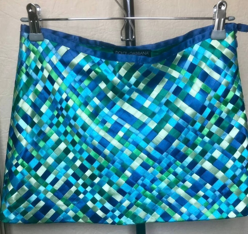 Dolce & Gabbana Runway 2002 Blue Green Satin Woven Ribbon Mini Skirt - S