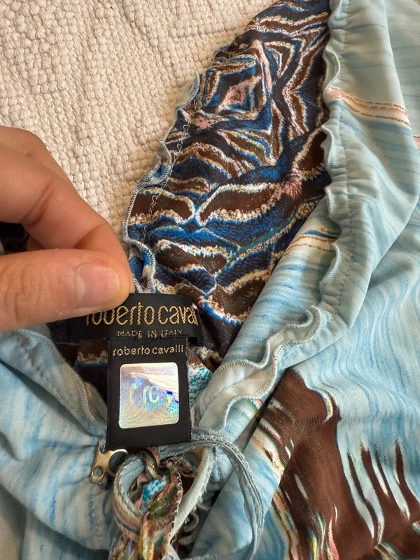 Roberto Cavalli P/E 2004 Blue Feather Print Midi Dress - S