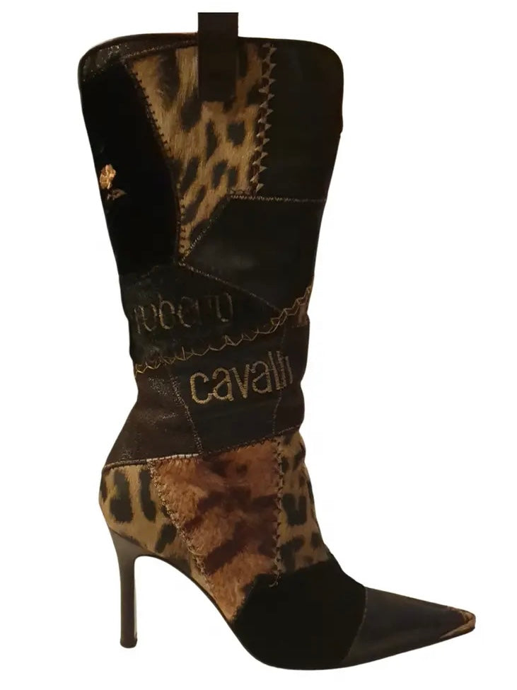 Roberto Cavalli Leopard Print Patchwork Boots - 40