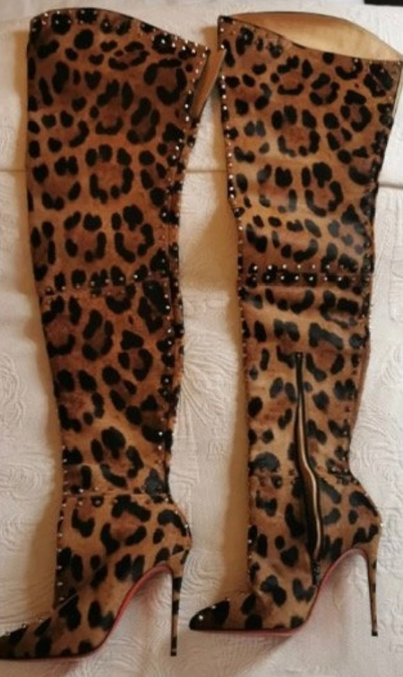 Christian Louboutin Metrolisse 100 leopard-print calf hair over-the-knee boots brand new  - 40
