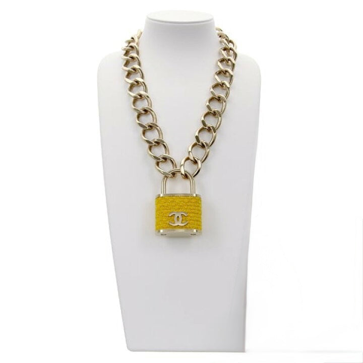 Chanel 2014 Runway Yellow Tweed Padlock Necklace