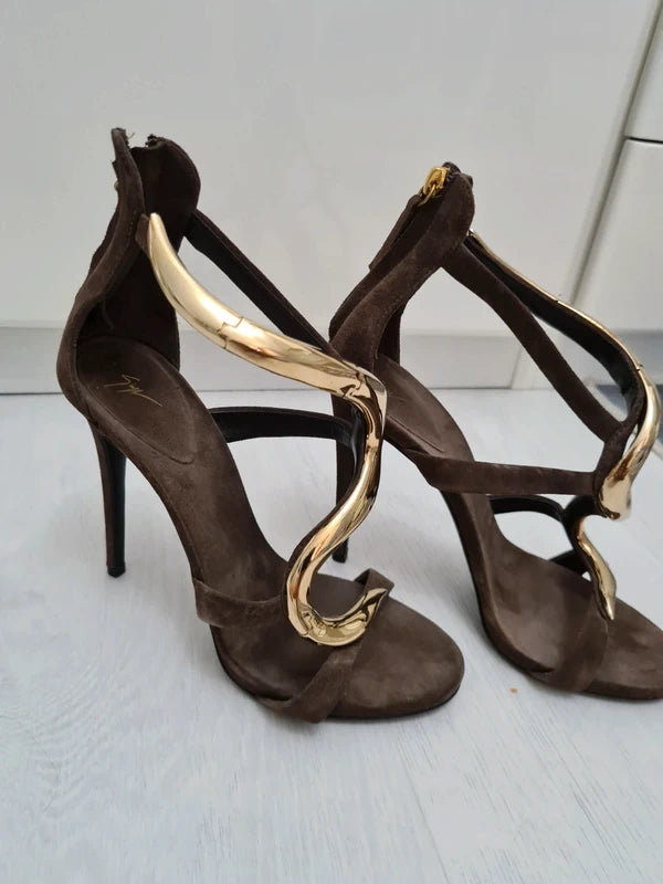 Giuseppe Zanotti Gold with Brown Suede Venere Heel - 38
