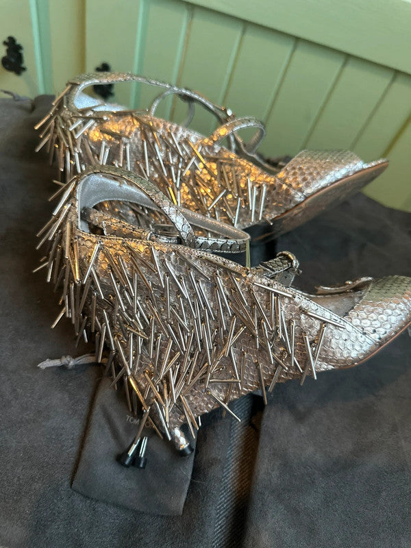 Tom Ford Spiked Silver Metallic Wedges - 39