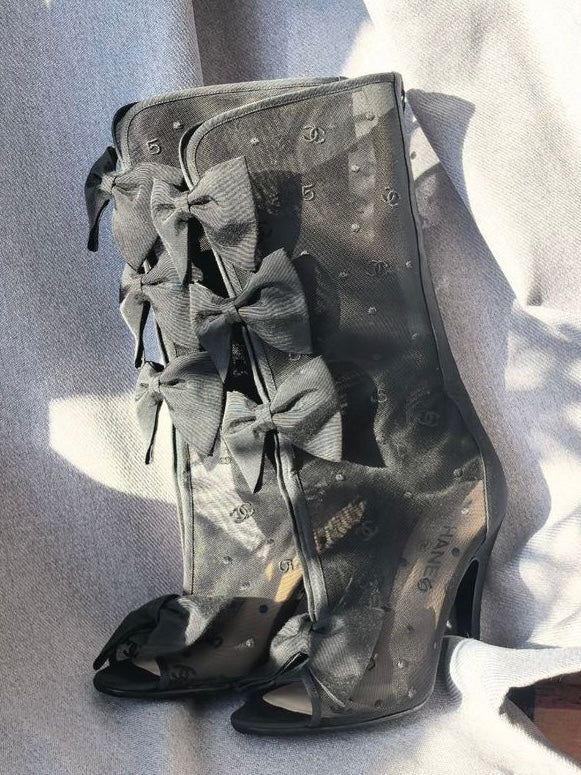 Chanel 2009 Rare Black Bow Mesh Boots - 37.5