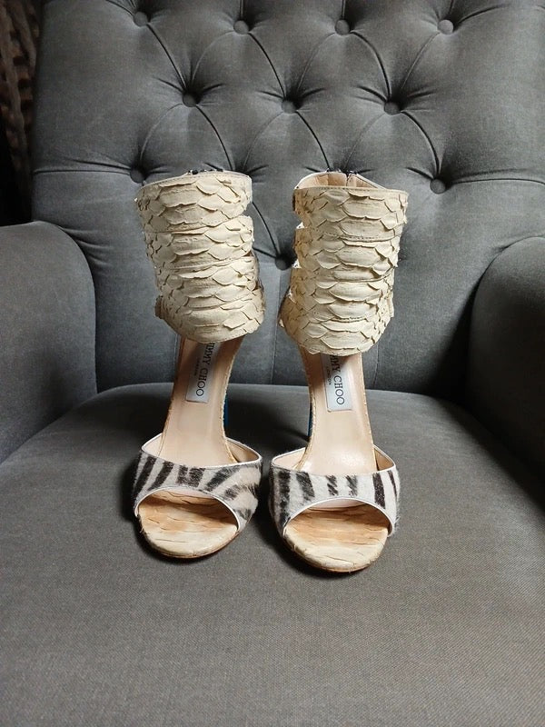 Jimmy Choo Python and Pony Hair Gladiator Heels - 37, 38.5 + 39