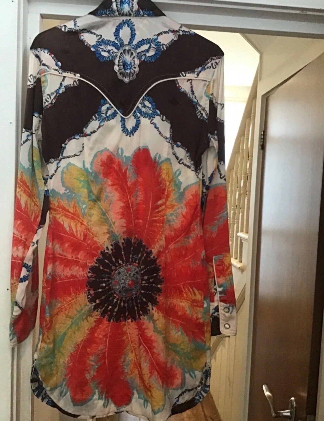 Roberto Cavalli Feather Print Satin Shirt Dress - XS