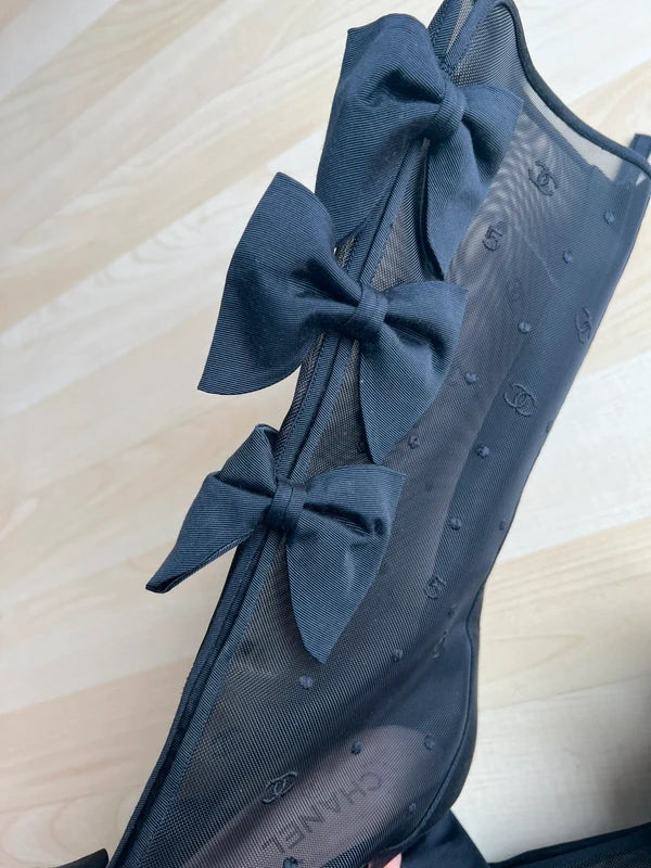 Chanel 2009 Rare Black Bow Mesh Boots - 39.5