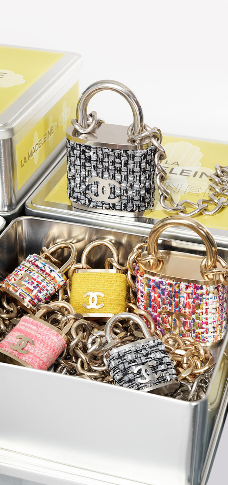 Chanel 2014 Runway Yellow Tweed Padlock Necklace