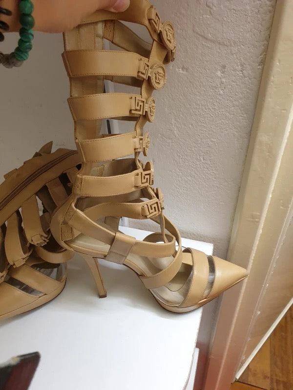 Versace T-Strap Below the Knee Gladiator Heels - 37.5 + 40