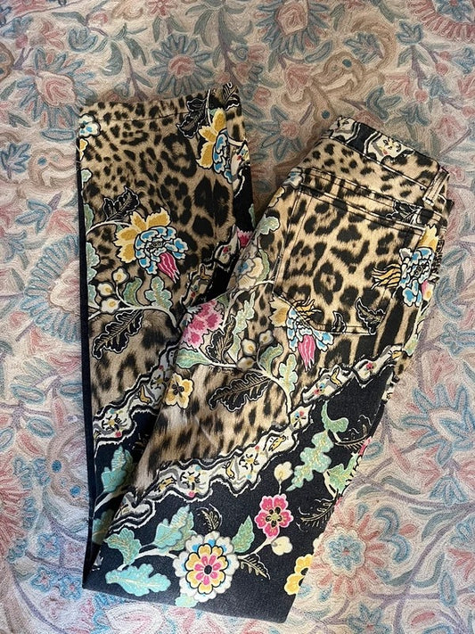Roberto Cavalli Cheongsam Leopard Print Jeans - M
