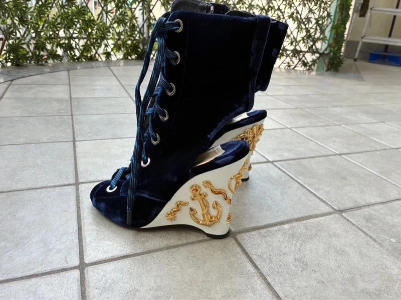 Prada Sailor Velvet Wedge Boots - 36