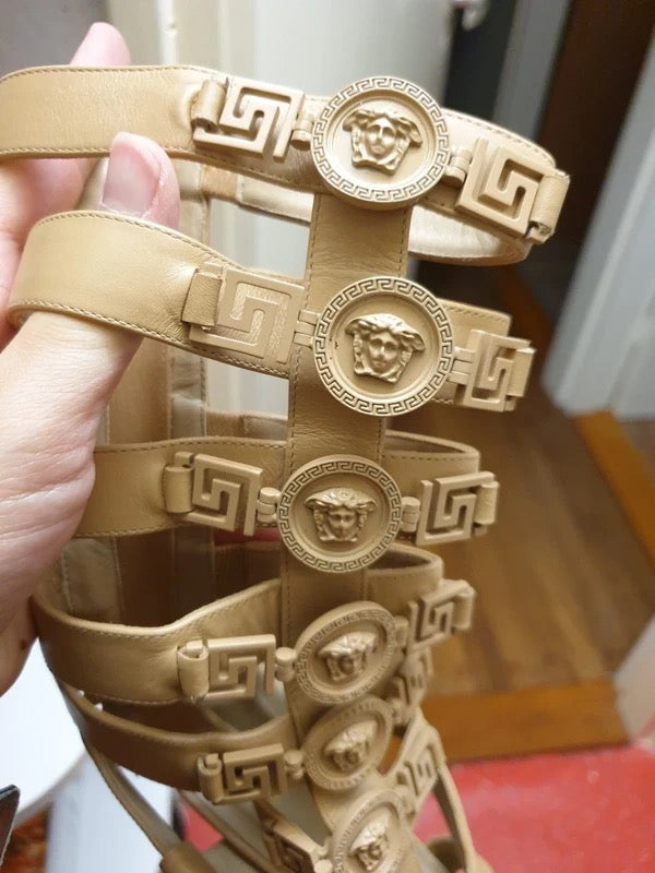 Versace T-Strap Below the Knee Gladiator Heels - 37.5 + 40