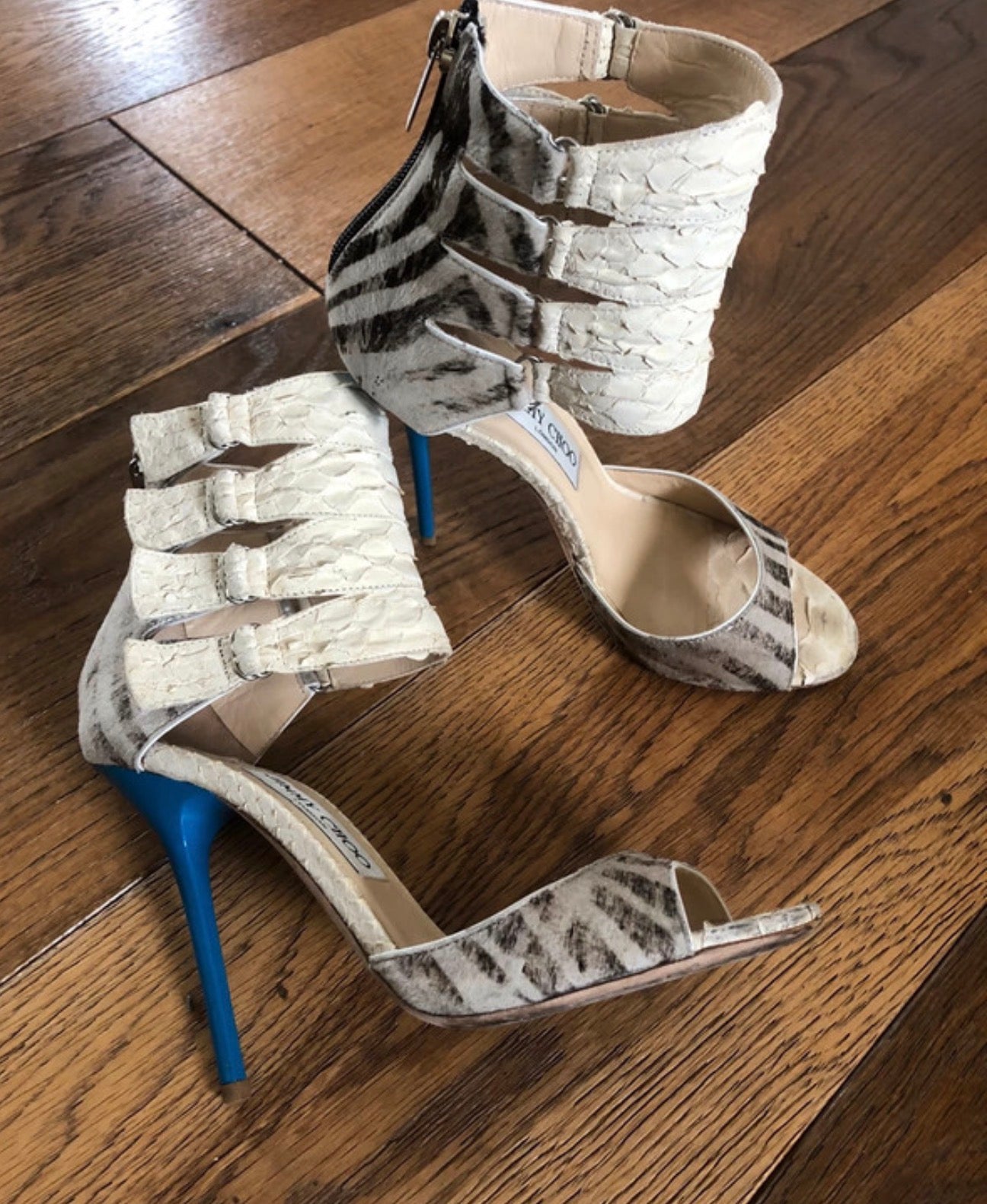 Jimmy Choo Python and Pony Hair Gladiator Heels - 37, 38.5 + 39